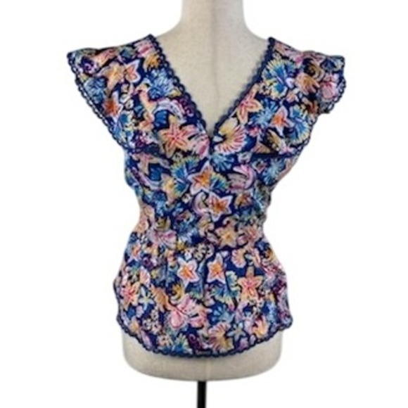 NWT Nanette Lepore Floral Ruffle Sleeve Blouse Top Blue Size Medium - Picture 3 of 6